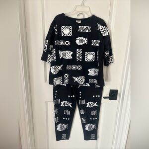 Vintage 80s Cotton Fields Black White  Graphic Fish Pant Top Set  Beach S/M